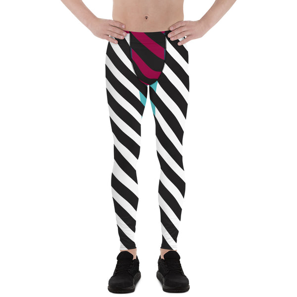 Black Diagonally Striped Meggings, Pink Blue Color Block Men's Leggings