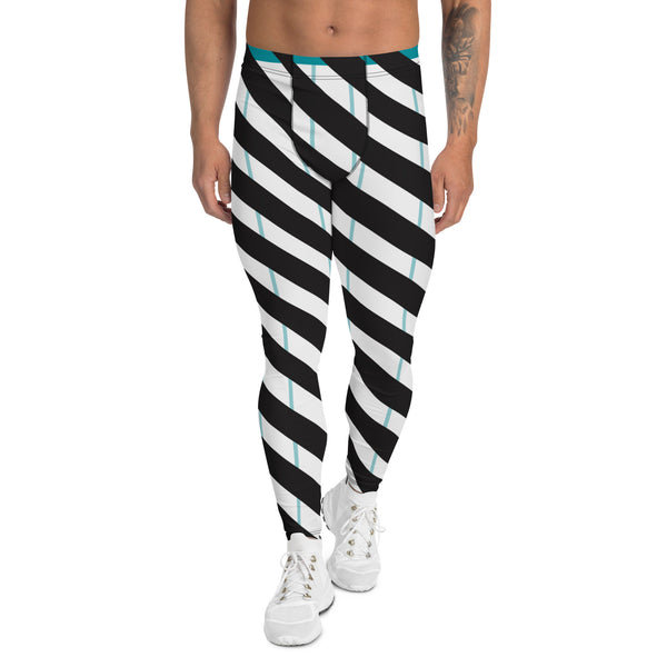 Blue Striped Meggings, Black Diagonally Stripeds Men's Leggings