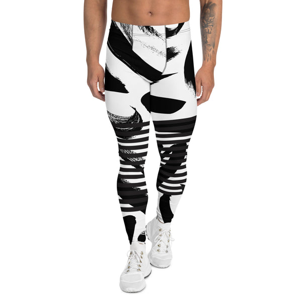 Black Abstract Dotted&nbsp; Men's Leggings, Black Striped White and Black Abstract Designer Print Sexy Meggings Men's Workout Gym Tights Leggings, Men's Compression Tights Pants - Made in USA/ EU/ MX (US Size: XS-3XL)&nbsp;