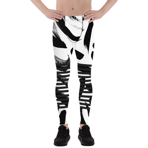 Black Abstract Dotted&nbsp; Men's Leggings, Black Striped White and Black Abstract Designer Print Sexy Meggings Men's Workout Gym Tights Leggings, Men's Compression Tights Pants - Made in USA/ EU/ MX (US Size: XS-3XL)&nbsp;