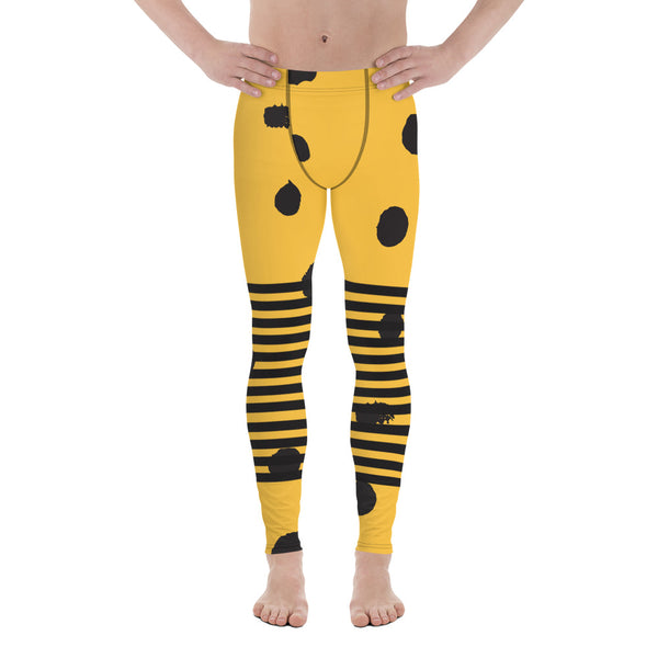 Yellow Abstract Dotted&nbsp; Men's Leggings, Black Striped Yellow and Black Abstract Designer Print Sexy Meggings Men's Workout Gym Tights Leggings, Men's Compression Tights Pants - Made in USA/ EU/ MX (US Size: XS-3XL)&nbsp;