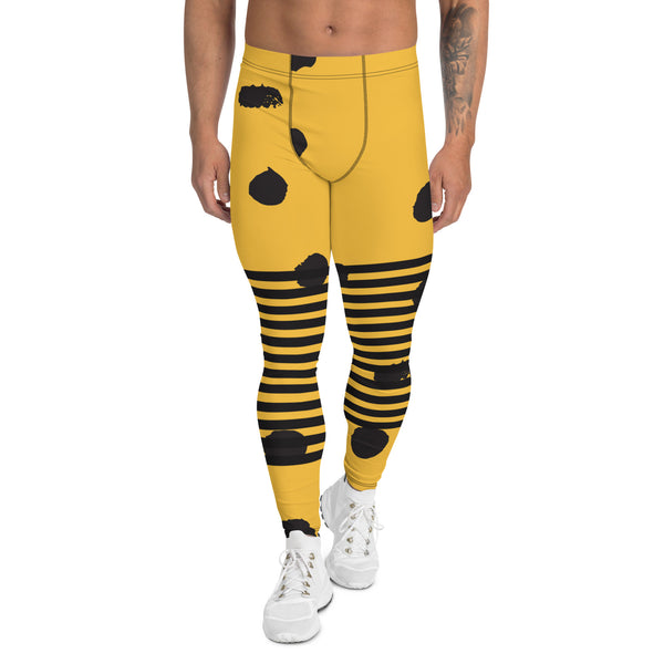 Yellow Abstract Dotted&nbsp; Men's Leggings, Black Striped Yellow and Black Abstract Designer Print Sexy Meggings Men's Workout Gym Tights Leggings, Men's Compression Tights Pants - Made in USA/ EU/ MX (US Size: XS-3XL)&nbsp;