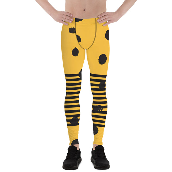 Yellow Abstract Dotted&nbsp; Men's Leggings, Black Striped Yellow and Black Abstract Designer Print Sexy Meggings Men's Workout Gym Tights Leggings, Men's Compression Tights Pants - Made in USA/ EU/ MX (US Size: XS-3XL)&nbsp;