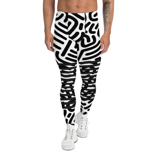 Black White Abstract Meggings, Designer Best Abstract Graphic Men's Leggings