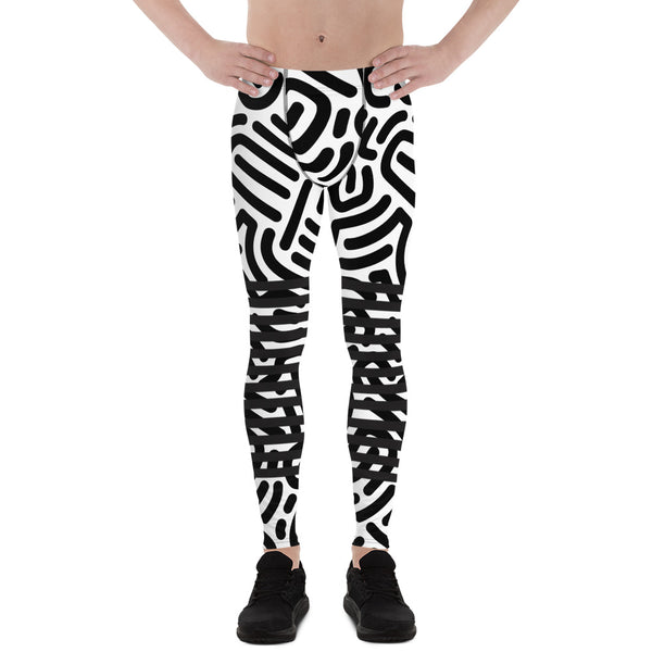 Black White Abstract Meggings, Designer Best Abstract Graphic Men's Leggings