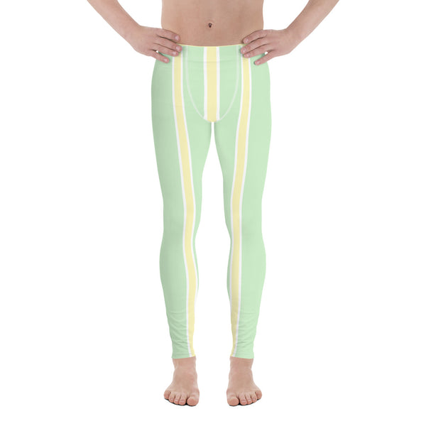 Green Yellow Pastel Color Meggings, Vertical Striped Men's Leggings