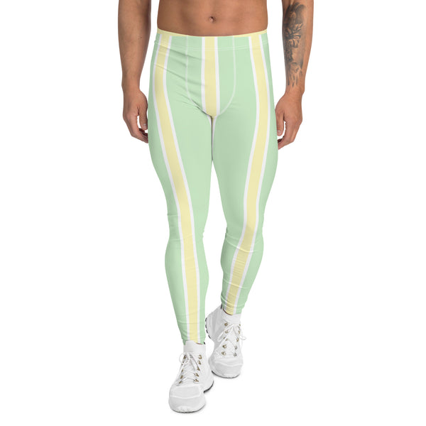 Green Yellow Pastel Color Meggings, Vertical Striped Men's Leggings