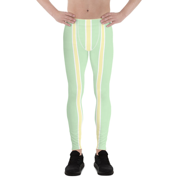 Green Yellow Pastel Color Meggings, Vertical Striped Men's Leggings