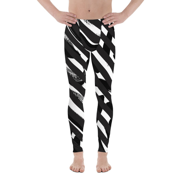 White Abstract Striped Men's Leggings, Black Striped White and Black Abstract Designer Print Sexy Meggings Men's Workout Gym Tights Leggings, Men's Compression Tights Pants - Made in USA/ EU/ MX (US Size: XS-3XL)&nbsp;