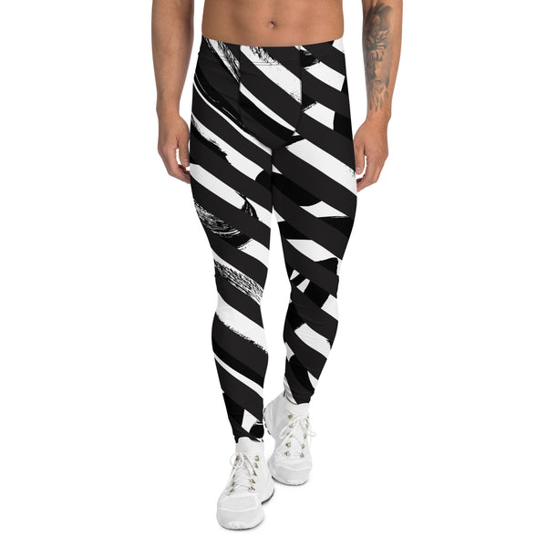 White Abstract Striped Men's Leggings, Black Striped White and Black Abstract Designer Print Sexy Meggings Men's Workout Gym Tights Leggings, Men's Compression Tights Pants - Made in USA/ EU/ MX (US Size: XS-3XL)&nbsp;