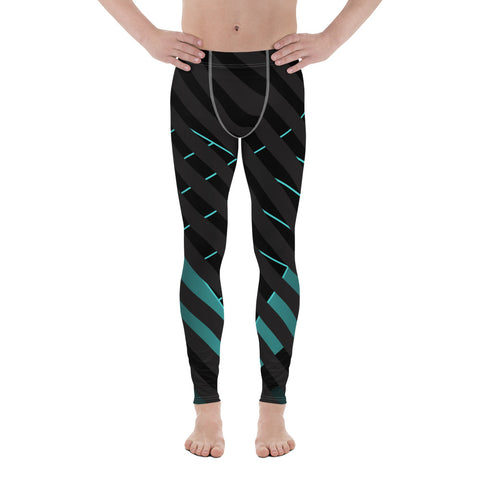 Black Blue Striped Meggings, Futuristic Best Men's Leggings