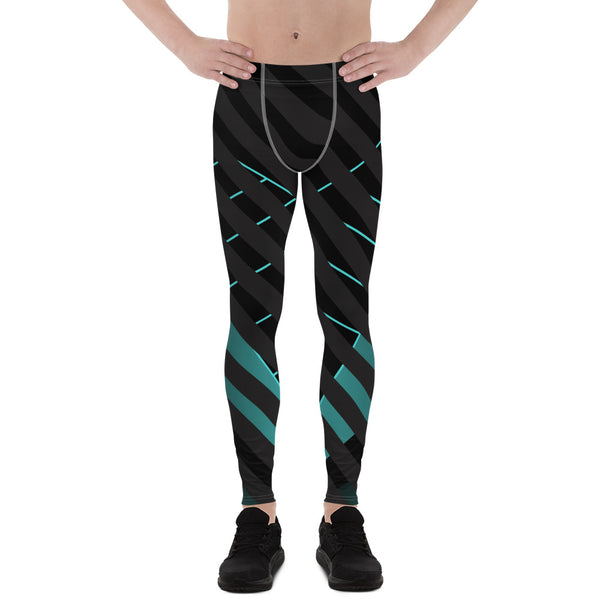 Black Blue Striped Meggings, Futuristic Best Men's Leggings