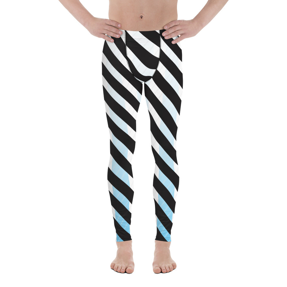 White Abstract Striped Men's Leggings, Black Striped White and Blue Abstract Designer Print Sexy Meggings Men's Workout Gym Tights Leggings, Men's Compression Tights Pants - Made in USA/ EU/ MX (US Size: XS-3XL)&nbsp;