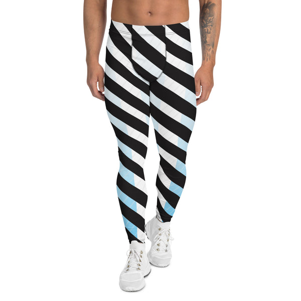 White Abstract Striped Men's Leggings, Black Striped White and Blue Abstract Designer Print Sexy Meggings Men's Workout Gym Tights Leggings, Men's Compression Tights Pants - Made in USA/ EU/ MX (US Size: XS-3XL)&nbsp;