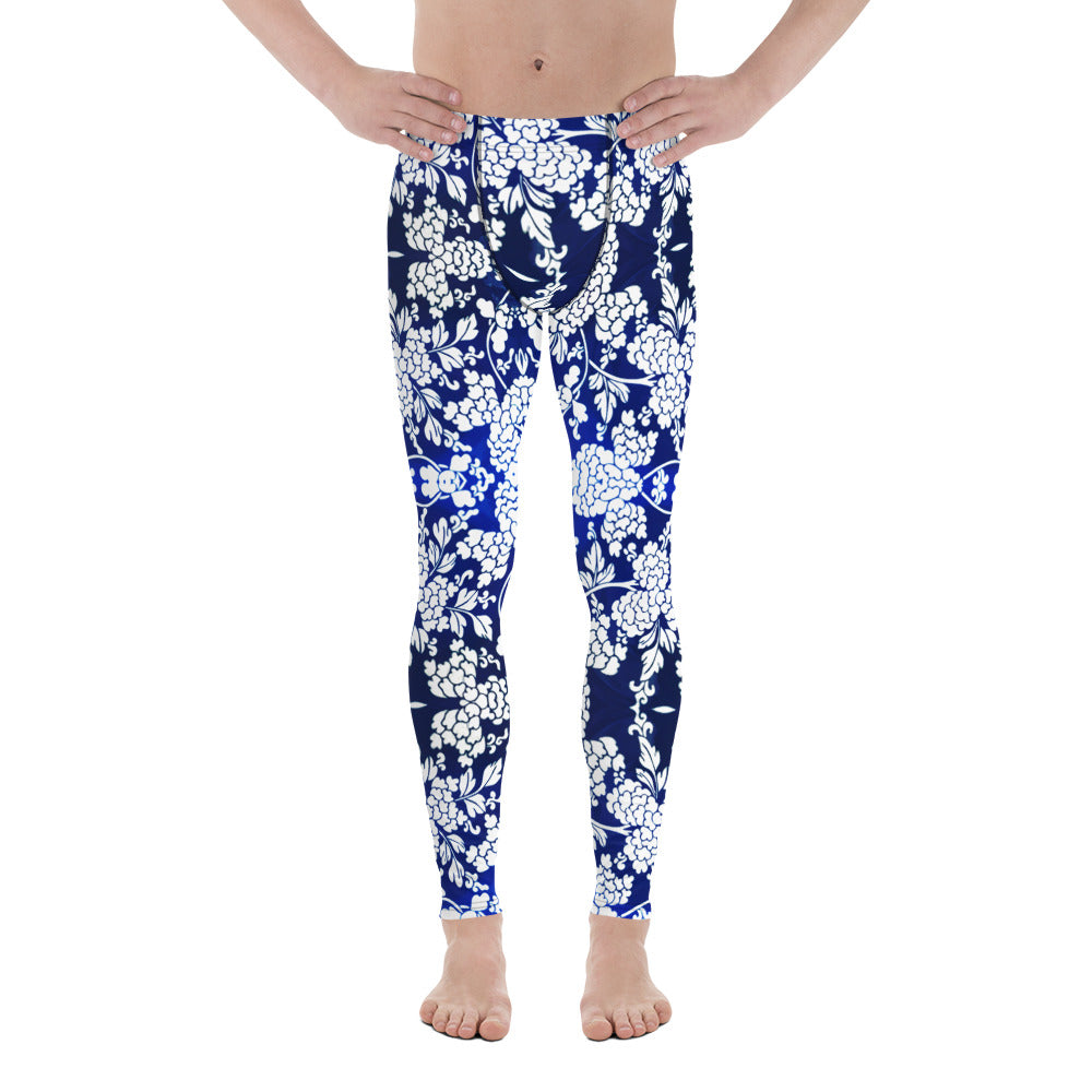 Floral Pattern Best Men's Leggings, Best White and Blue Oriental Style Floral Print Abstract Designer Print Sexy Meggings Men's Workout Gym Tights Leggings, Men's Compression Tights Pants - Made in USA/ EU/ MX (US Size: XS-3XL)&nbsp;