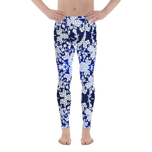 Floral Pattern Best Men's Leggings, Best White and Blue Oriental Style Floral Print Abstract Designer Print Sexy Meggings Men's Workout Gym Tights Leggings, Men's Compression Tights Pants - Made in USA/ EU/ MX (US Size: XS-3XL)&nbsp;