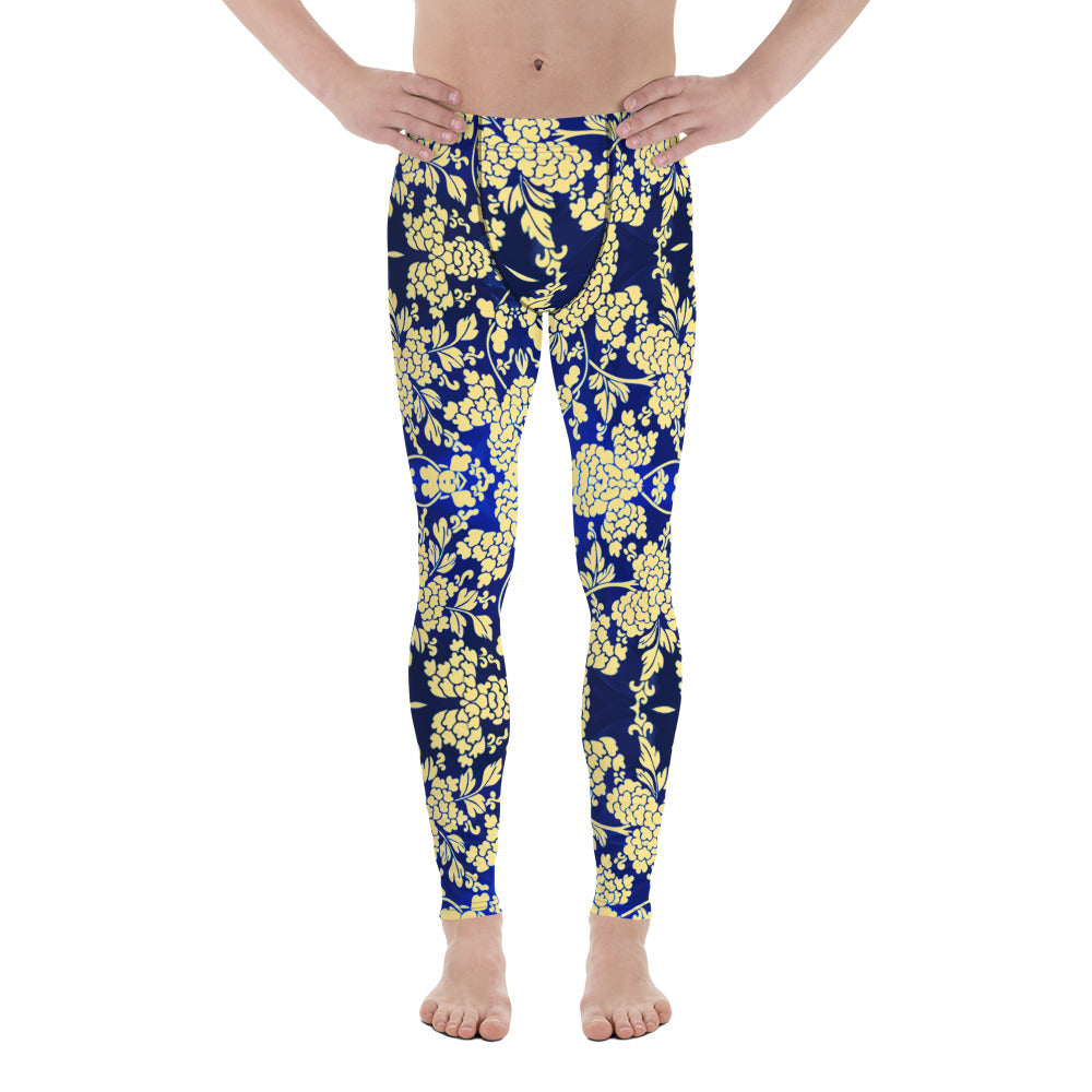 Floral Pattern Best Men's Leggings, Best White and Light Yellow Oriental Style Floral Print Abstract Designer Print Sexy Meggings Men's Workout Gym Tights Leggings, Men's Compression Tights Pants - Made in USA/ EU/ MX (US Size: XS-3XL)&nbsp;