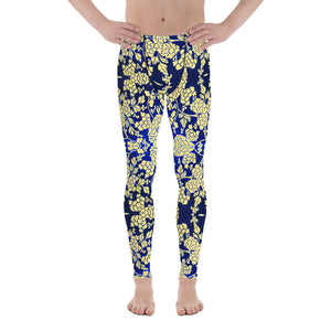 Floral Pattern Best Men's Leggings, Best White and Light Yellow Oriental Style Floral Print Abstract Designer Print Sexy Meggings Men's Workout Gym Tights Leggings, Men's Compression Tights Pants - Made in USA/ EU/ MX (US Size: XS-3XL)&nbsp;