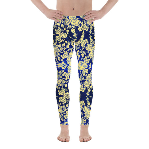 Floral Pattern Best Men's Leggings, Best White and Light Yellow Oriental Style Floral Print Abstract Designer Print Sexy Meggings Men's Workout Gym Tights Leggings, Men's Compression Tights Pants - Made in USA/ EU/ MX (US Size: XS-3XL)&nbsp;