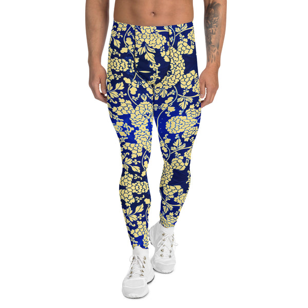 Floral Pattern Best Men's Leggings, Best White and Light Yellow Oriental Style Floral Print Abstract Designer Print Sexy Meggings Men's Workout Gym Tights Leggings, Men's Compression Tights Pants - Made in USA/ EU/ MX (US Size: XS-3XL)&nbsp;