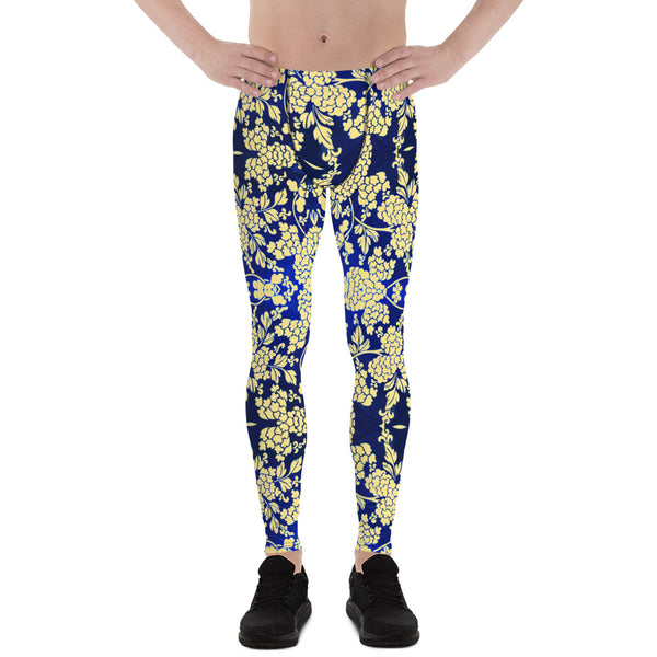 Floral Pattern Best Men's Leggings, Best White and Light Yellow Oriental Style Floral Print Abstract Designer Print Sexy Meggings Men's Workout Gym Tights Leggings, Men's Compression Tights Pants - Made in USA/ EU/ MX (US Size: XS-3XL)&nbsp;