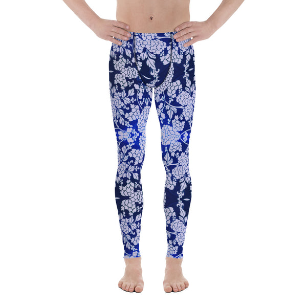 Floral Pattern Best Men's Leggings, Best Pastel Purple and Blue Oriental Style Floral Print Abstract Designer Print Sexy Meggings Men's Workout Gym Tights Leggings, Men's Compression Tights Pants - Made in USA/ EU/ MX (US Size: XS-3XL)&nbsp;