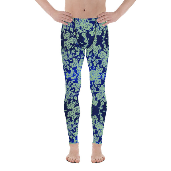 Floral Pattern Best Men's Leggings, Best Green and Blue Oriental Style Floral Print Abstract Designer Print Sexy Meggings Men's Workout Gym Tights Leggings, Men's Compression Tights Pants - Made in USA/ EU/ MX (US Size: XS-3XL)&nbsp;