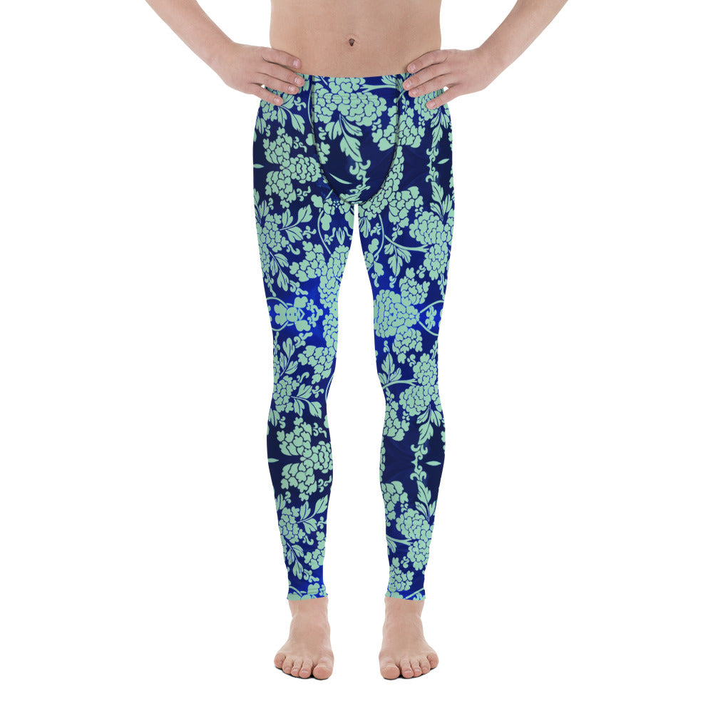 Floral Pattern Best Men's Leggings, Best Blue Oriental Style Floral Print Abstract Designer Print Sexy Meggings Men's Workout Gym Tights Leggings, Men's Compression Tights Pants - Made in USA/ EU/ MX (US Size: XS-3XL)&nbsp;