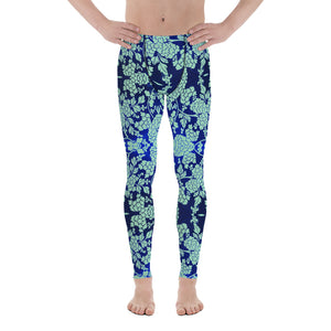 Floral Pattern Best Men's Leggings, Best Blue Oriental Style Floral Print Abstract Designer Print Sexy Meggings Men's Workout Gym Tights Leggings, Men's Compression Tights Pants - Made in USA/ EU/ MX (US Size: XS-3XL)&nbsp;