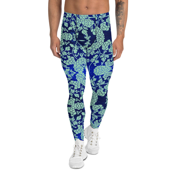 Floral Pattern Best Men's Leggings, Best Blue Oriental Style Floral Print Abstract Designer Print Sexy Meggings Men's Workout Gym Tights Leggings, Men's Compression Tights Pants - Made in USA/ EU/ MX (US Size: XS-3XL)&nbsp;