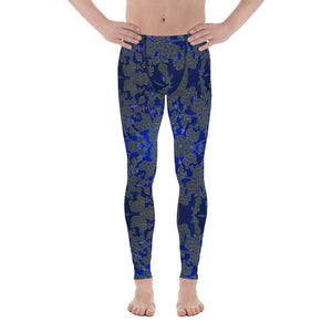 Floral Pattern Best Men's Leggings, Best Grey and Blue Oriental Style Floral Print Abstract Designer Print Sexy Meggings Men's Workout Gym Tights Leggings, Men's Compression Tights Pants - Made in USA/ EU/ MX (US Size: XS-3XL)&nbsp;