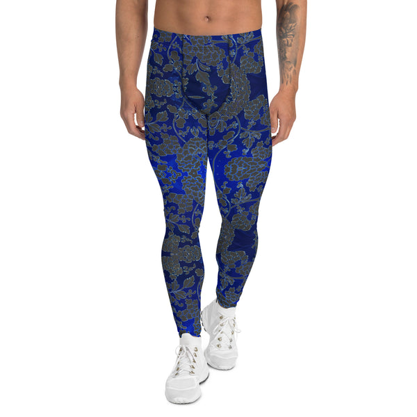 Floral Pattern Best Men's Leggings, Best Grey and Blue Oriental Style Floral Print Abstract Designer Print Sexy Meggings Men's Workout Gym Tights Leggings, Men's Compression Tights Pants - Made in USA/ EU/ MX (US Size: XS-3XL)&nbsp;