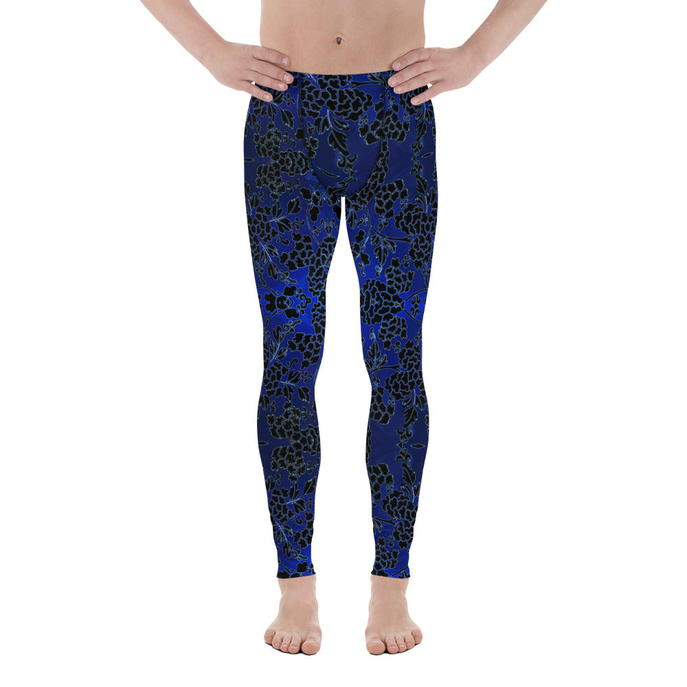 Floral Pattern Best Men's Leggings, Best Black and Blue Oriental Style Floral Print Abstract Designer Print Sexy Meggings Men's Workout Gym Tights Leggings, Men's Compression Tights Pants - Made in USA/ EU/ MX (US Size: XS-3XL)&nbsp;