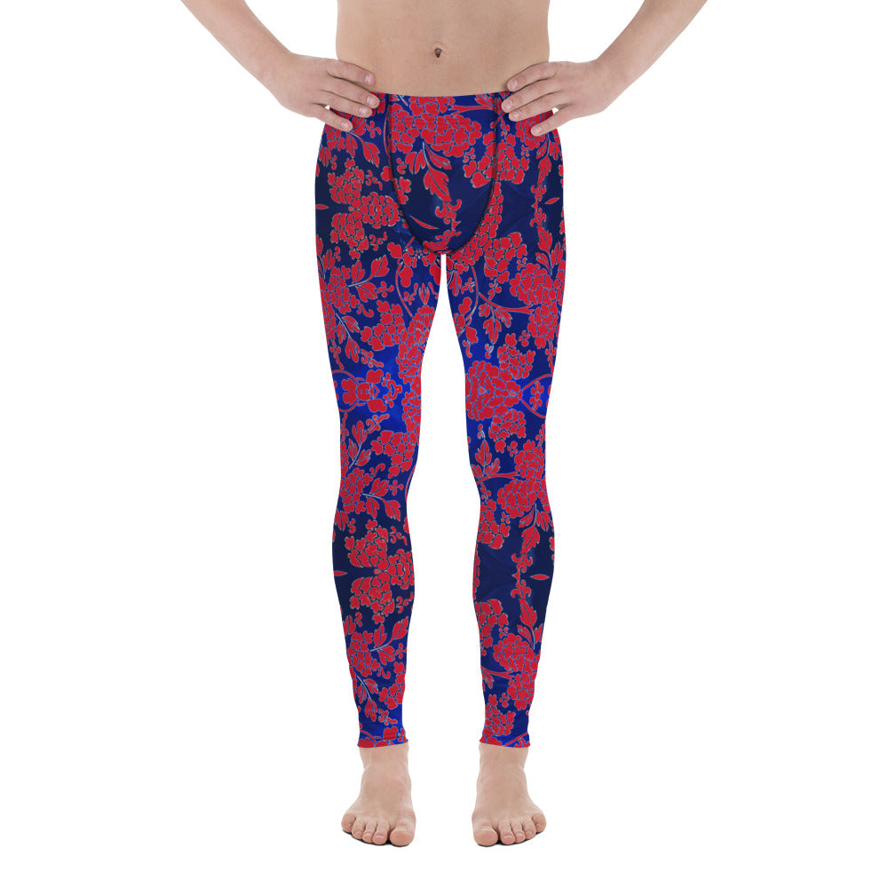 Floral Pattern Best Men's Leggings, Best Red and Blue Oriental Style Floral Print Abstract Designer Print Sexy Meggings Men's Workout Gym Tights Leggings, Men's Compression Tights Pants - Made in USA/ EU/ MX (US Size: XS-3XL)&nbsp;