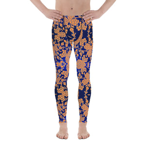 Floral Pattern Best Men's Leggings, Best Orange and Blue Oriental Style Floral Print Abstract Designer Print Sexy Meggings Men's Workout Gym Tights Leggings, Men's Compression Tights Pants - Made in USA/ EU/ MX (US Size: XS-3XL)&nbsp;