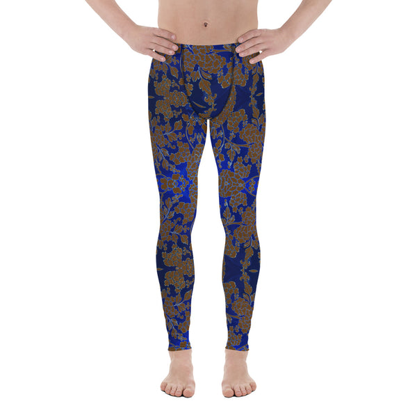 Floral Pattern Best Men's Leggings, Best Brown and Blue Oriental Style Floral Print Abstract Designer Print Sexy Meggings Men's Workout Gym Tights Leggings, Men's Compression Tights Pants - Made in USA/ EU/ MX (US Size: XS-3XL)&nbsp;