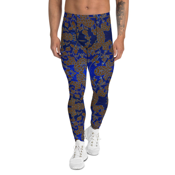 Floral Pattern Best Men's Leggings, Best Brown and Blue Oriental Style Floral Print Abstract Designer Print Sexy Meggings Men's Workout Gym Tights Leggings, Men's Compression Tights Pants - Made in USA/ EU/ MX (US Size: XS-3XL)&nbsp;