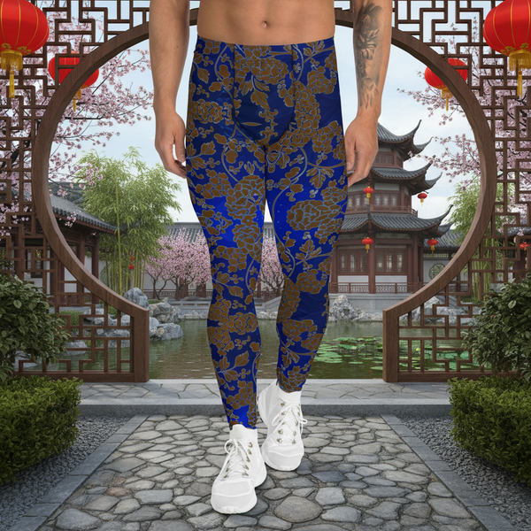 Brown Blue Floral Print Meggings, Best Blue and Brown Oriental Style Floral Print Meggings Compression Tights - Made in USA/EU/MX