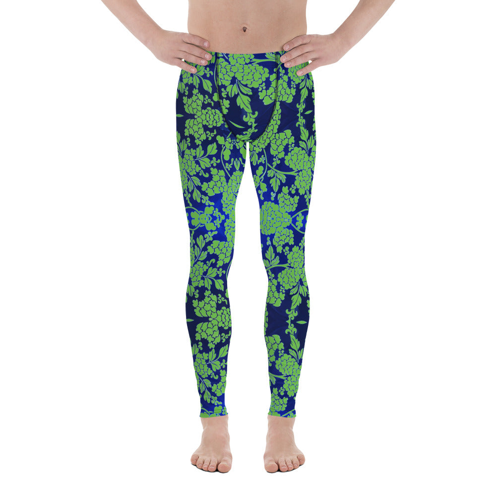 Floral Pattern Best Men's Leggings, Best Green and Blue Oriental Style Floral Print Abstract Designer Print Sexy Meggings Men's Workout Gym Tights Leggings, Men's Compression Tights Pants - Made in USA/ EU/ MX (US Size: XS-3XL)&nbsp;