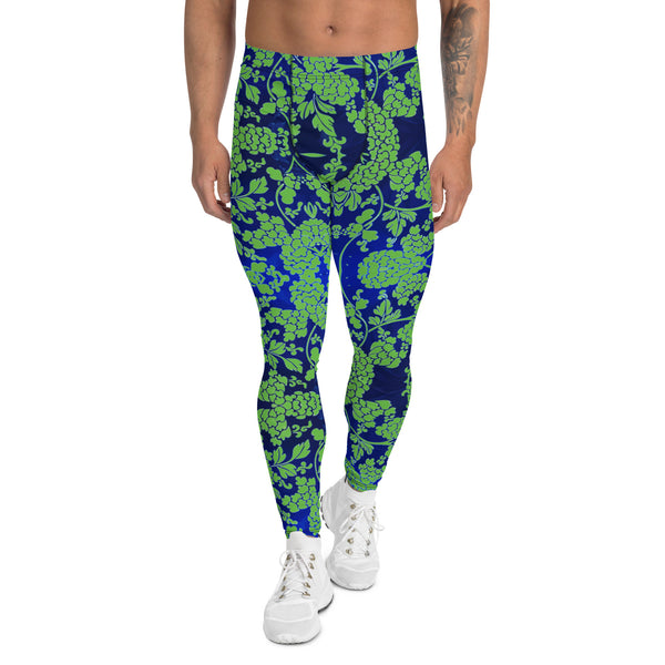 Floral Pattern Best Men's Leggings, Best Green and Blue Oriental Style Floral Print Abstract Designer Print Sexy Meggings Men's Workout Gym Tights Leggings, Men's Compression Tights Pants - Made in USA/ EU/ MX (US Size: XS-3XL)&nbsp;