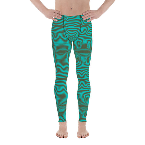 Green Blue Curvy Men's Leggings, Great Wave Wavy Groovy Retro Style Abstract Pattern Designer Print Sexy Meggings Men's Workout Gym Tights Leggings, Men's Compression Tights Pants - Made in USA/ EU/ MX (US Size: XS-3XL) Patterned Leggings For Men, Tights Workout, Men's Compression Pants, Mens Festival Leggings, Mens Leggings Fashion, Mens Tights, Men Wavy Striped Sports Tights, Retro Waves Print Men's Leggings&nbsp;