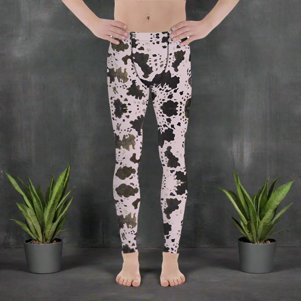 Pink Cow Print Men's Leggings, Brown Cow Animal Print Pattern Designer Print Sexy Meggings Men's Workout Gym Tights Leggings, Men's Compression Tights Pants - Made in USA/ EU/ MX (US Size: XS-3XL) Patterned Leggings For Men, Tights Workout, Men's Compression Pants, Mens Festival Leggings, Mens Leggings Fashion, Mens Tights&nbsp;