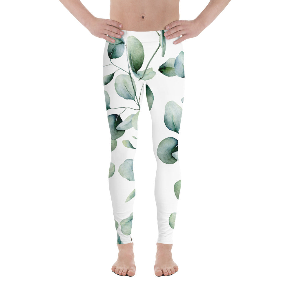 Green Eucalyptus Printed Men's Leggings, Green Eucalyptus Pattern Designer Print Sexy Meggings Men's Workout Gym Tights Leggings, Men's Compression Tights Pants - Made in USA/ EU/ MX (US Size: XS-3XL) Patterned Leggings For Men, Tights Workout, Men's Compression Pants, Mens Festival Leggings, Mens Leggings Fashion, Mens Tights&nbsp;