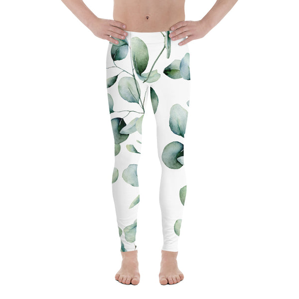 Green Eucalyptus Printed Men's Leggings, Green Eucalyptus Pattern Designer Print Sexy Meggings Men's Workout Gym Tights Leggings, Men's Compression Tights Pants - Made in USA/ EU/ MX (US Size: XS-3XL) Patterned Leggings For Men, Tights Workout, Men's Compression Pants, Mens Festival Leggings, Mens Leggings Fashion, Mens Tights&nbsp;