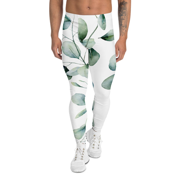 Green Eucalyptus Printed Men's Leggings, Green Eucalyptus Pattern Designer Print Sexy Meggings Men's Workout Gym Tights Leggings, Men's Compression Tights Pants - Made in USA/ EU/ MX (US Size: XS-3XL) Patterned Leggings For Men, Tights Workout, Men's Compression Pants, Mens Festival Leggings, Mens Leggings Fashion, Mens Tights&nbsp;