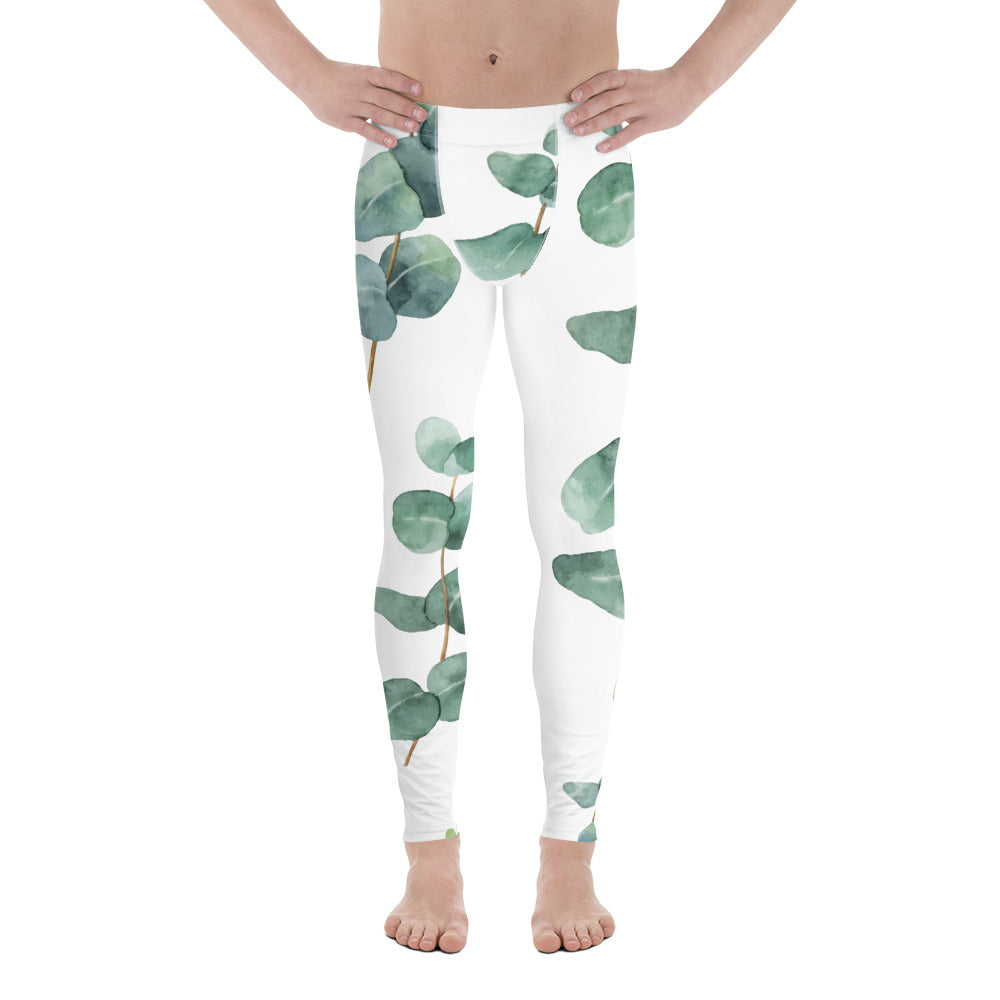Green Eucalyptus Printed Men's Leggings, Green Eucalyptus Pattern Designer Print Sexy Meggings Men's Workout Gym Tights Leggings, Men's Compression Tights Pants - Made in USA/ EU/ MX (US Size: XS-3XL) Patterned Leggings For Men, Tights Workout, Men's Compression Pants, Mens Festival Leggings, Mens Leggings Fashion, Mens Tights&nbsp;