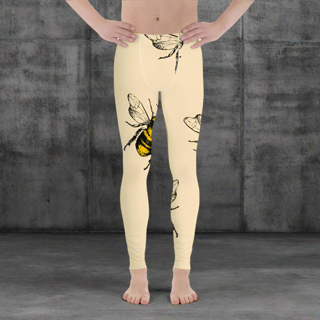 Yellow Bees Printed Men's Leggings, Pastel Yellow Been Pattern Designer Print Sexy Meggings Men's Workout Gym Tights Leggings, Men's Compression Tights Pants - Made in USA/ EU/ MX (US Size: XS-3XL) Patterned Leggings For Men, Tights Workout, Men's Compression Pants, Mens Festival Leggings, Mens Leggings Fashion, Mens Tights&nbsp;