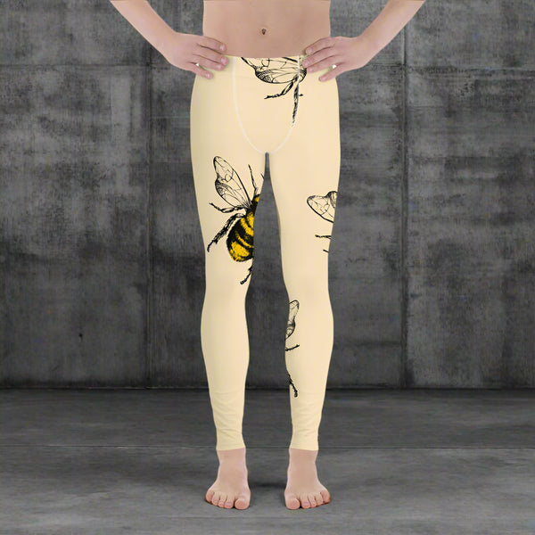 Yellow Bees Printed Men's Leggings, Pastel Yellow Been Pattern Designer Print Sexy Meggings Men's Workout Gym Tights Leggings, Men's Compression Tights Pants - Made in USA/ EU/ MX (US Size: XS-3XL) Patterned Leggings For Men, Tights Workout, Men's Compression Pants, Mens Festival Leggings, Mens Leggings Fashion, Mens Tights&nbsp;