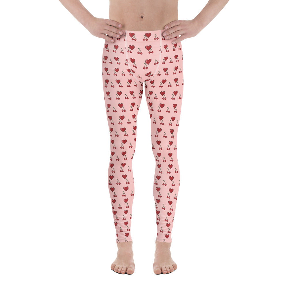 Pink Hearts Men's Leggings, Red Cherries Printed Best Gay Friendly Hearts Print Valentine's Day Pattern Designer Print&nbsp; Meggings Men's Workout Gym Tights Leggings, Men's Compression Tights Pants - Made in USA/ EU/ MX (US Size: XS-3XL) Patterned Leggings For Men, Tights Workout, Men's Compression Pants, Mens Festival Leggings, Mens Leggings Fashion, Mens Tights&nbsp;