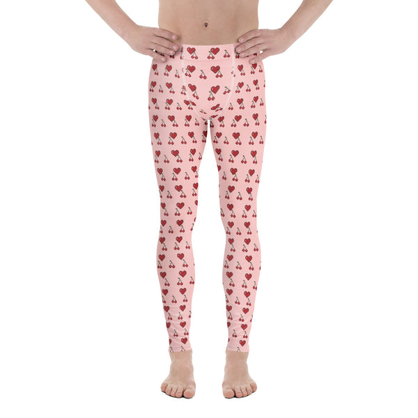 Pink Hearts Men's Leggings, Red Cherries Printed Best Gay Friendly Hearts Print Valentine's Day Pattern Designer Print&nbsp; Meggings Men's Workout Gym Tights Leggings, Men's Compression Tights Pants - Made in USA/ EU/ MX (US Size: XS-3XL) Patterned Leggings For Men, Tights Workout, Men's Compression Pants, Mens Festival Leggings, Mens Leggings Fashion, Mens Tights&nbsp;